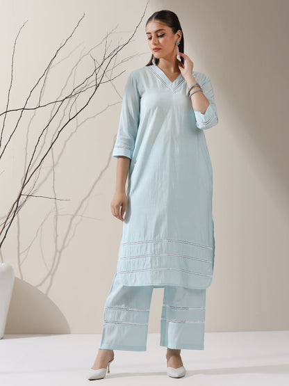 Dhiyona ST Women's Light Blue AirSkin V-Neck Kurta with Lace Insets & Pants | 2 Pc Set, Soft & Breathable Ethnic Co-ord, Elegant Summer Wear