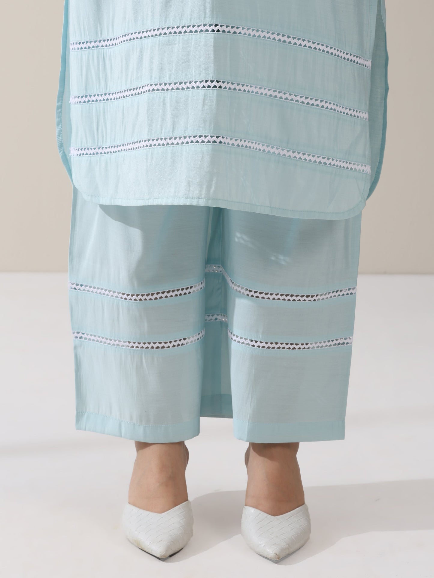 Dhiyona ST Women's Light Blue AirSkin V-Neck Kurta with Lace Insets & Pants | 2 Pc Set, Soft & Breathable Ethnic Co-ord, Elegant Summer Wear