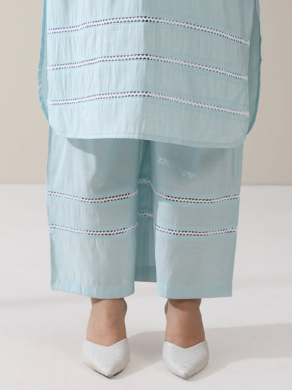 Dhiyona ST Women's Light Blue AirSkin V-Neck Kurta with Lace Insets & Pants | 2 Pc Set, Soft & Breathable Ethnic Co-ord, Elegant Summer Wear