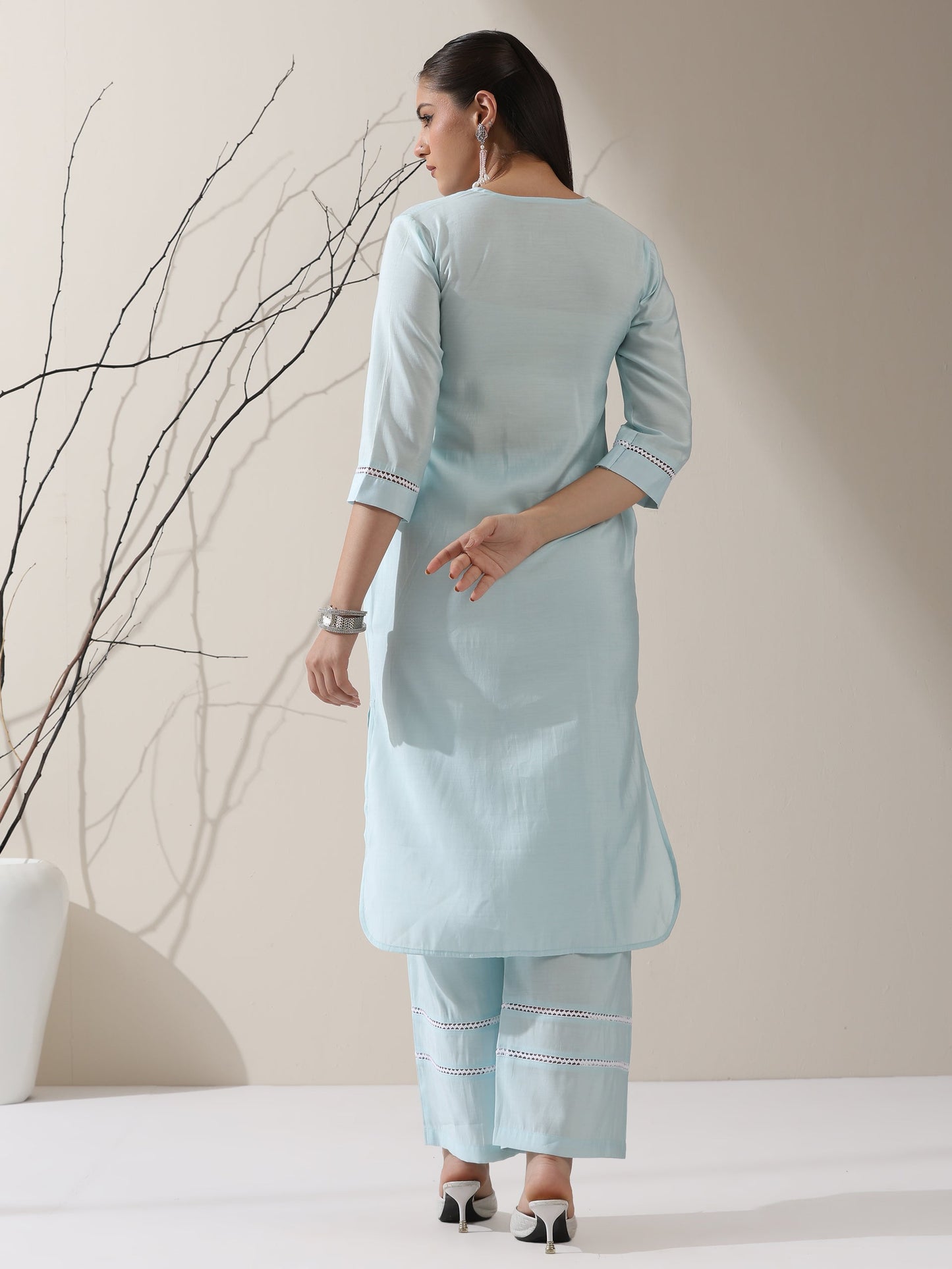 Dhiyona ST Women's Light Blue AirSkin V-Neck Kurta with Lace Insets & Pants | 2 Pc Set, Soft & Breathable Ethnic Co-ord, Elegant Summer Wear