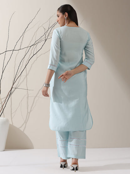 Dhiyona ST Women's Light Blue AirSkin V-Neck Kurta with Lace Insets & Pants | 2 Pc Set, Soft & Breathable Ethnic Co-ord, Elegant Summer Wear