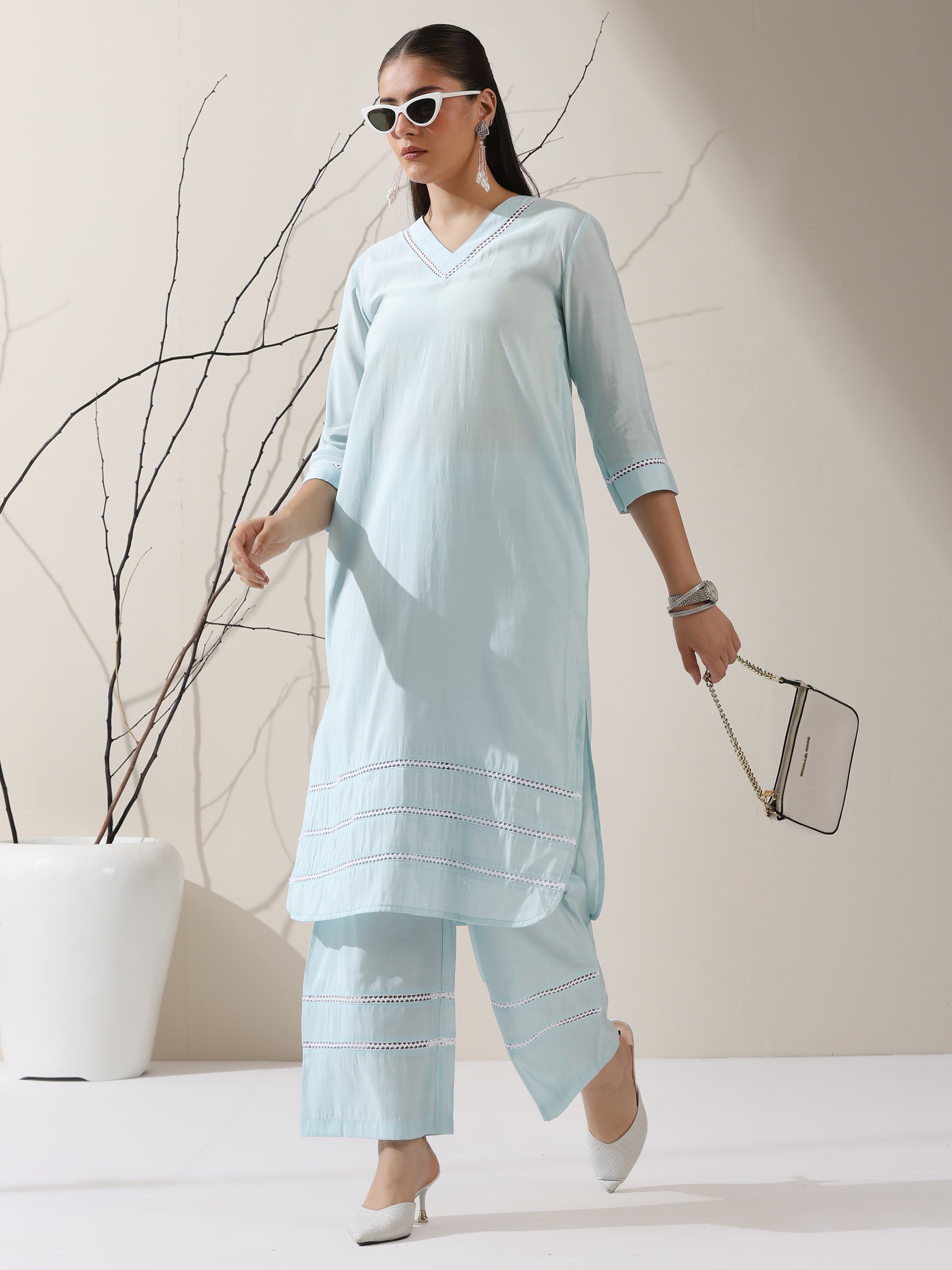 Dhiyona ST Women's Light Blue AirSkin V-Neck Kurta with Lace Insets & Pants | 2 Pc Set, Soft & Breathable Ethnic Co-ord, Elegant Summer Wear