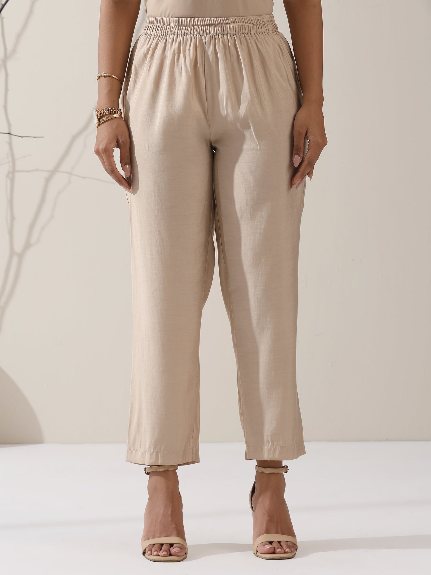 Dhiyona ST Women's Fawn AirSkin Bib Kurta with Lace & Bead Detailing and Pants | 2 Pc Set, Soft Ethnic Co-ord, Elegant Everyday Wear