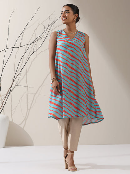 Dhiyona ST Blue-Orange Printed Satin Kurta Set – 2 Pc A-Line Sleeveless with Pants