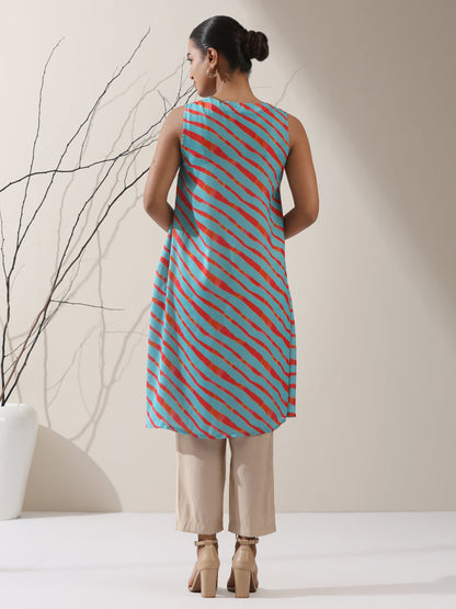 Dhiyona ST Blue-Orange Printed Satin Kurta Set – 2 Pc A-Line Sleeveless with Pants