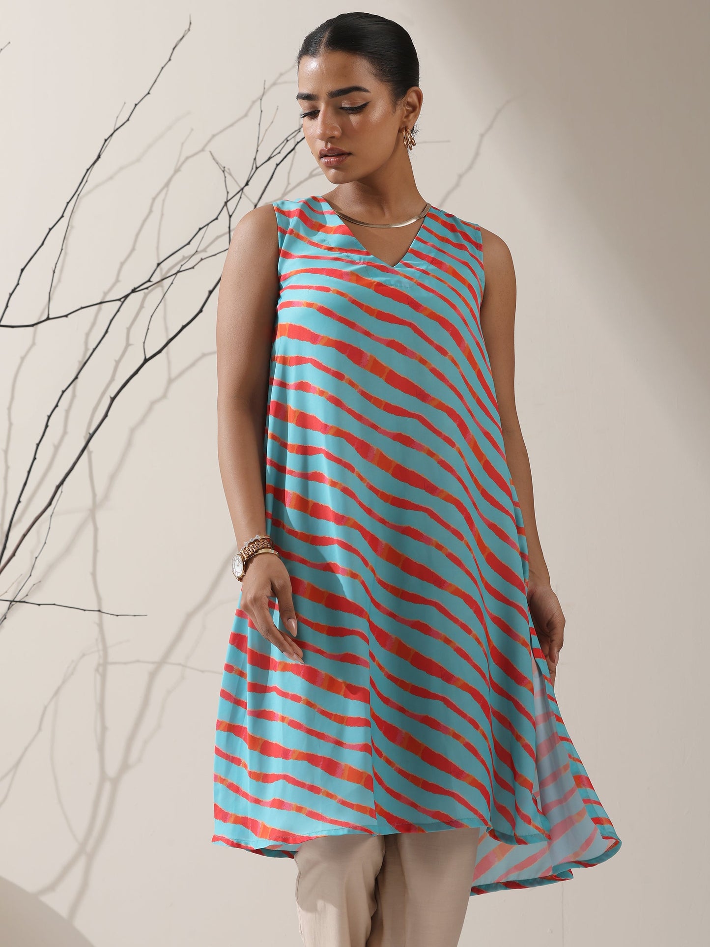 Dhiyona ST Blue-Orange Printed Satin Kurta Set – 2 Pc A-Line Sleeveless with Pants