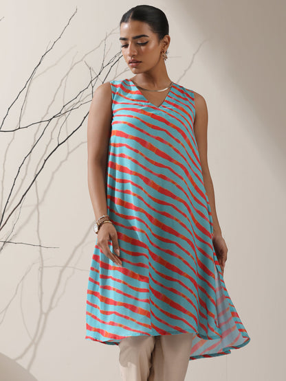 Dhiyona ST Blue-Orange Printed Satin Kurta Set – 2 Pc A-Line Sleeveless with Pants