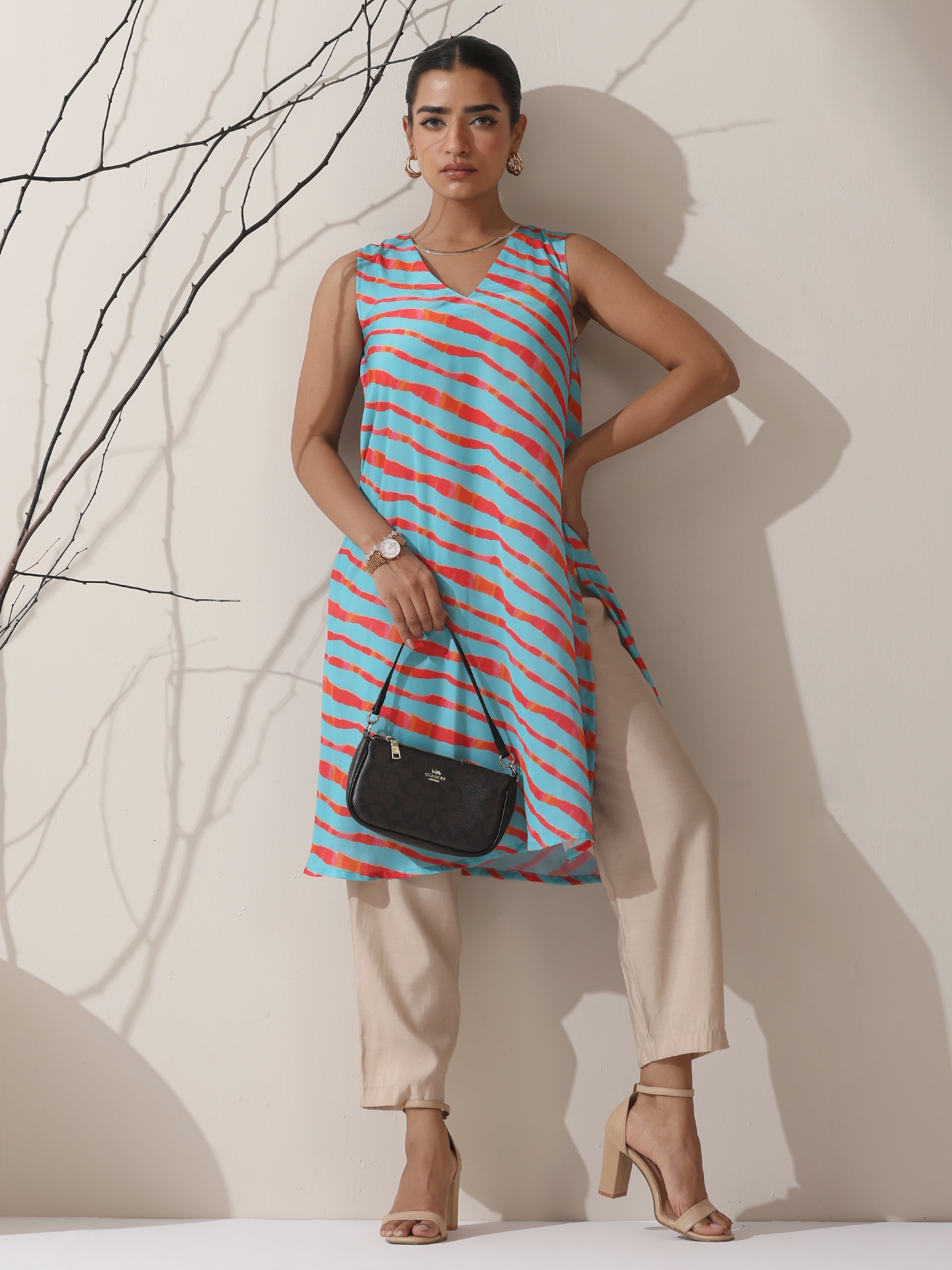 Dhiyona ST Blue-Orange Printed Satin Kurta Set – 2 Pc A-Line Sleeveless with Pants