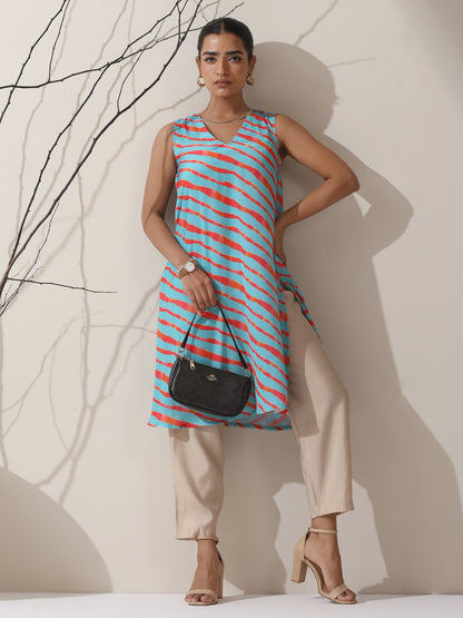 Dhiyona ST Blue-Orange Printed Satin Kurta Set – 2 Pc A-Line Sleeveless with Pants