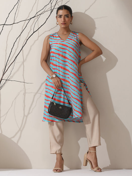 Dhiyona ST Blue-Orange Printed Satin Kurta Set – 2 Pc A-Line Sleeveless with Pants