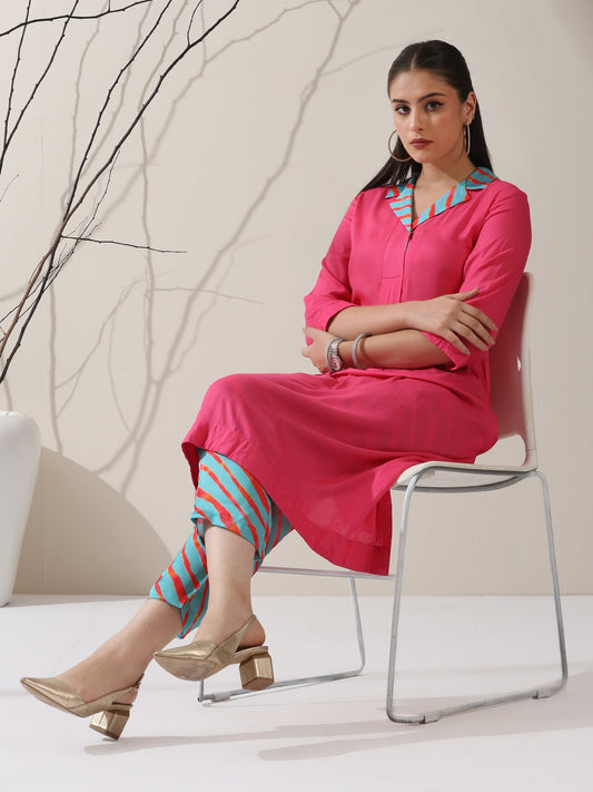 Dhiyona ST Pink Viscose Kurta Set – 2 Pc with Printed Blue Collar & Pants