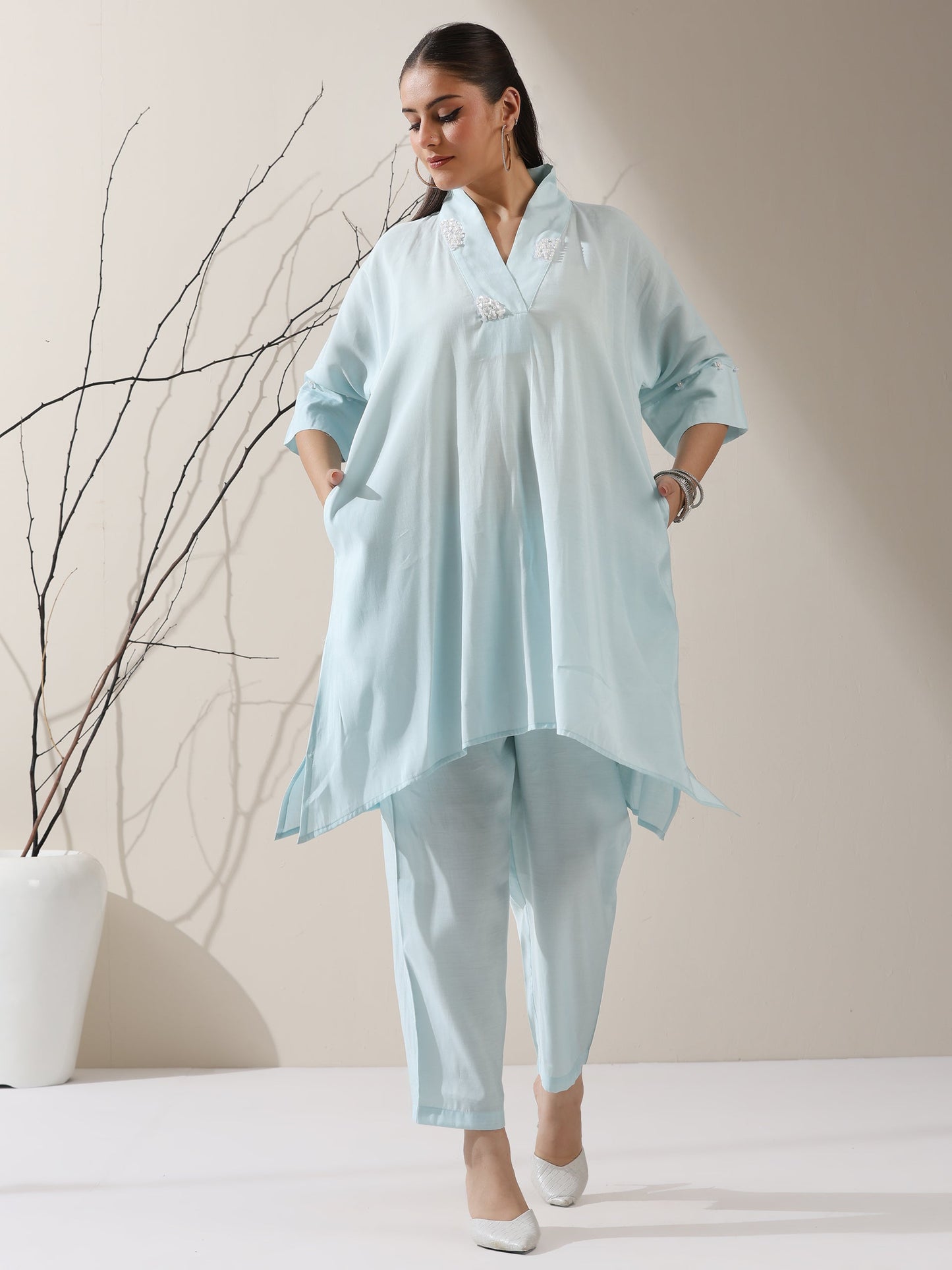 Dhiyona ST 2-Piece Blue AirSkin Kurta Set for Women – Japanese-Inspired Design with Pearl Detailing & Matching Pants