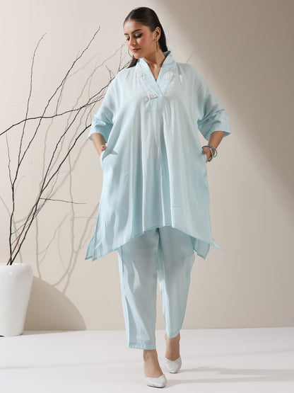 Dhiyona ST 2-Piece Blue AirSkin Kurta Set for Women – Japanese-Inspired Design with Pearl Detailing & Matching Pants
