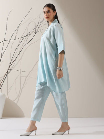 Dhiyona ST 2-Piece Blue AirSkin Kurta Set for Women – Japanese-Inspired Design with Pearl Detailing & Matching Pants