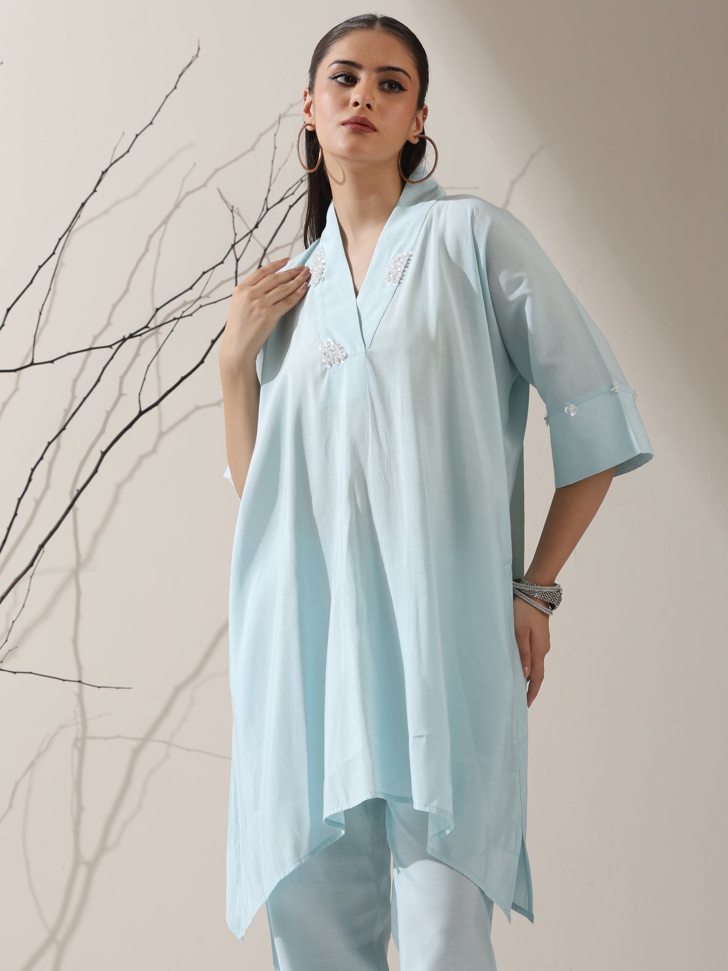 Dhiyona ST 2-Piece Blue AirSkin Kurta Set for Women – Japanese-Inspired Design with Pearl Detailing & Matching Pants