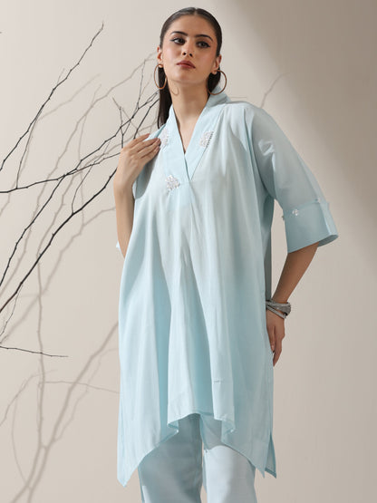 Dhiyona ST 2-Piece Blue AirSkin Kurta Set for Women – Japanese-Inspired Design with Pearl Detailing & Matching Pants