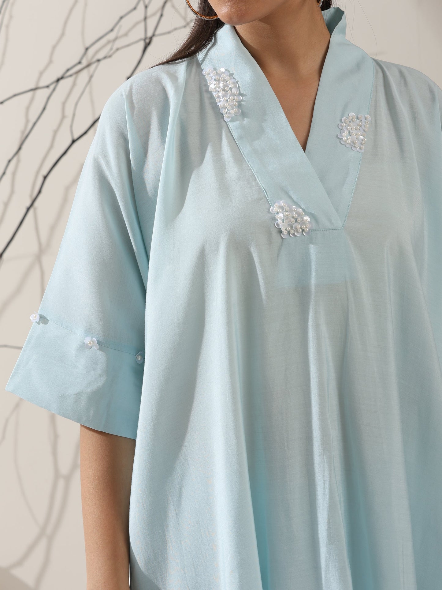 Dhiyona ST 2-Piece Blue AirSkin Kurta Set for Women – Japanese-Inspired Design with Pearl Detailing & Matching Pants