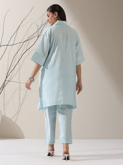 Dhiyona ST 2-Piece Blue AirSkin Kurta Set for Women – Japanese-Inspired Design with Pearl Detailing & Matching Pants