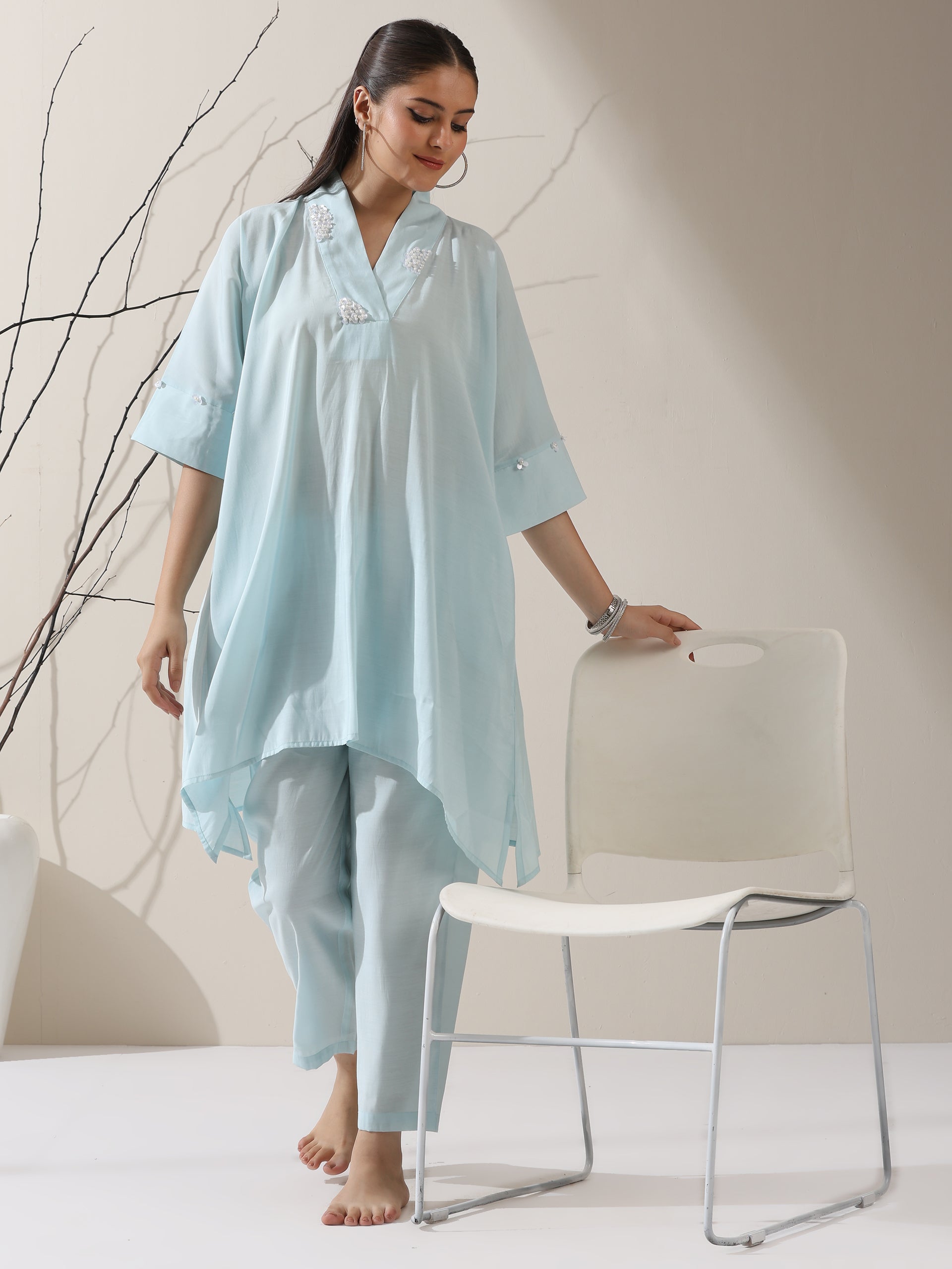 Dhiyona ST 2-Piece Blue AirSkin Kurta Set for Women – Japanese-Inspired Design with Pearl Detailing & Matching Pants