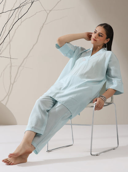 Dhiyona ST 2-Piece Blue AirSkin Kurta Set for Women – Japanese-Inspired Design with Pearl Detailing & Matching Pants