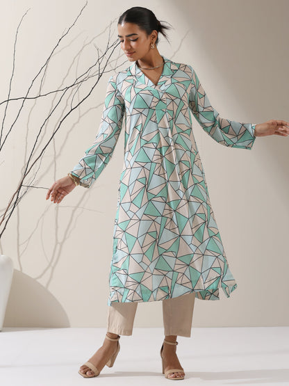 Dhiyona ST Geometric Print Satin Kurta Set – 2 Pc with Collar & AirSkin™ Pants