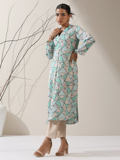 Dhiyona ST Geometric Print Satin Kurta Set – 2 Pc with Collar & AirSkin™ Pants