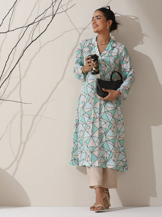 Dhiyona ST Geometric Print Satin Kurta Set – 2 Pc with Collar & AirSkin™ Pants