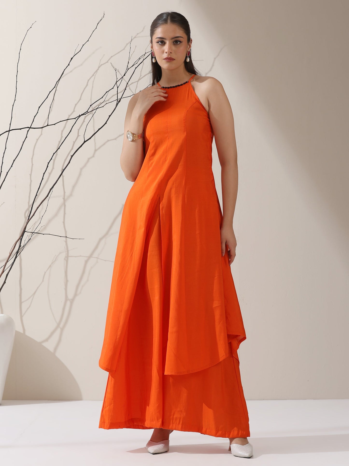 Dhiyona ST Women's Orange AirSkin Halter Kurta with Black Bead Detailing & Palazzo | 2 Pc Set, Breezy Ethnic Co-ord, Bold Festive Wear