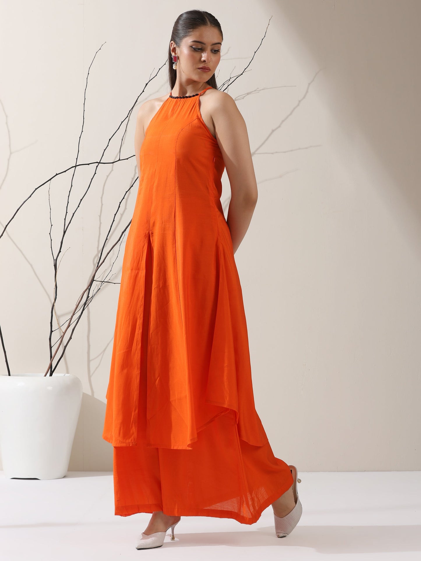 Dhiyona ST Women's Orange AirSkin Halter Kurta with Black Bead Detailing & Palazzo | 2 Pc Set, Breezy Ethnic Co-ord, Bold Festive Wear