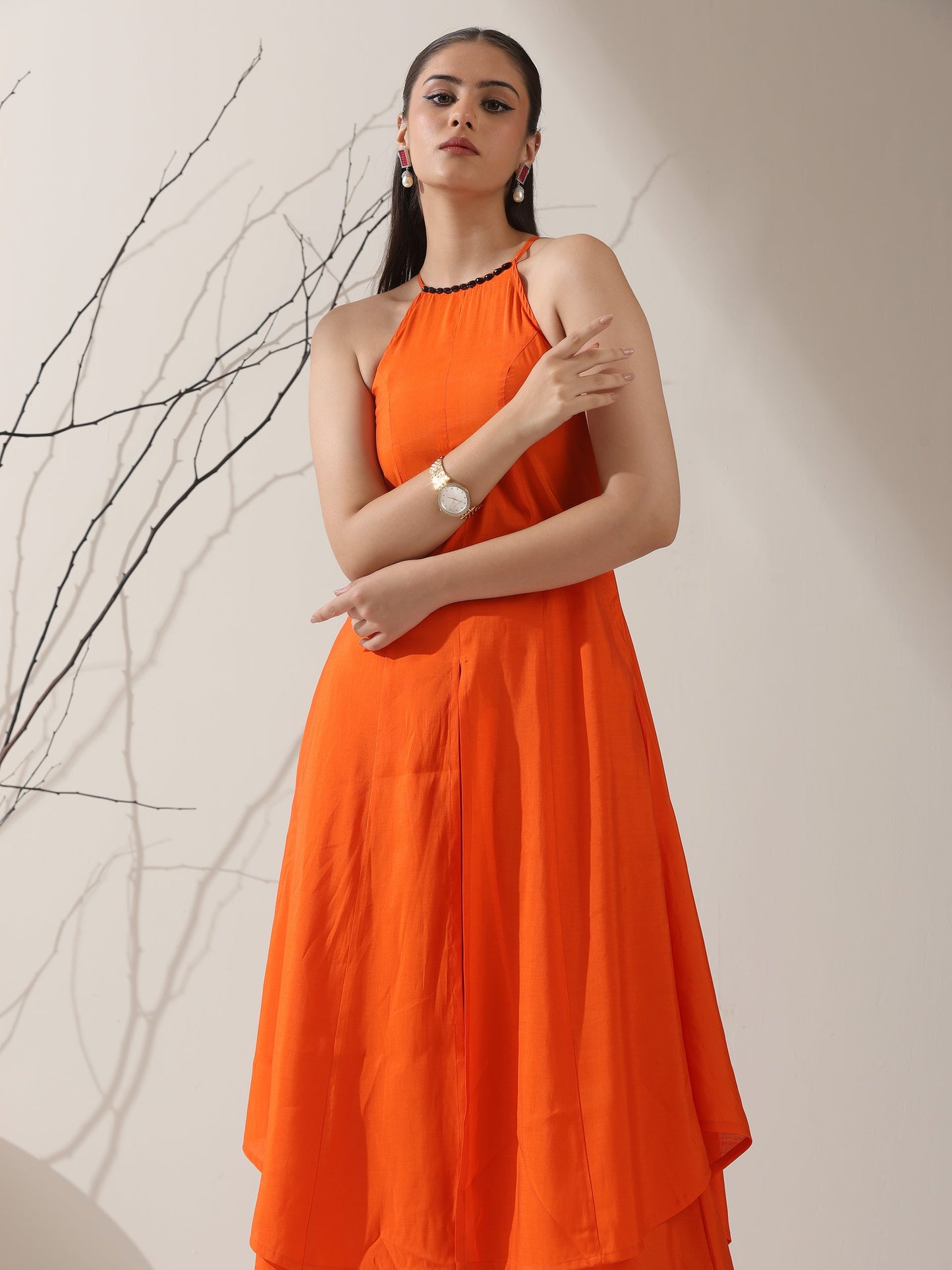 Dhiyona ST Women's Orange AirSkin Halter Kurta with Black Bead Detailing & Palazzo | 2 Pc Set, Breezy Ethnic Co-ord, Bold Festive Wear