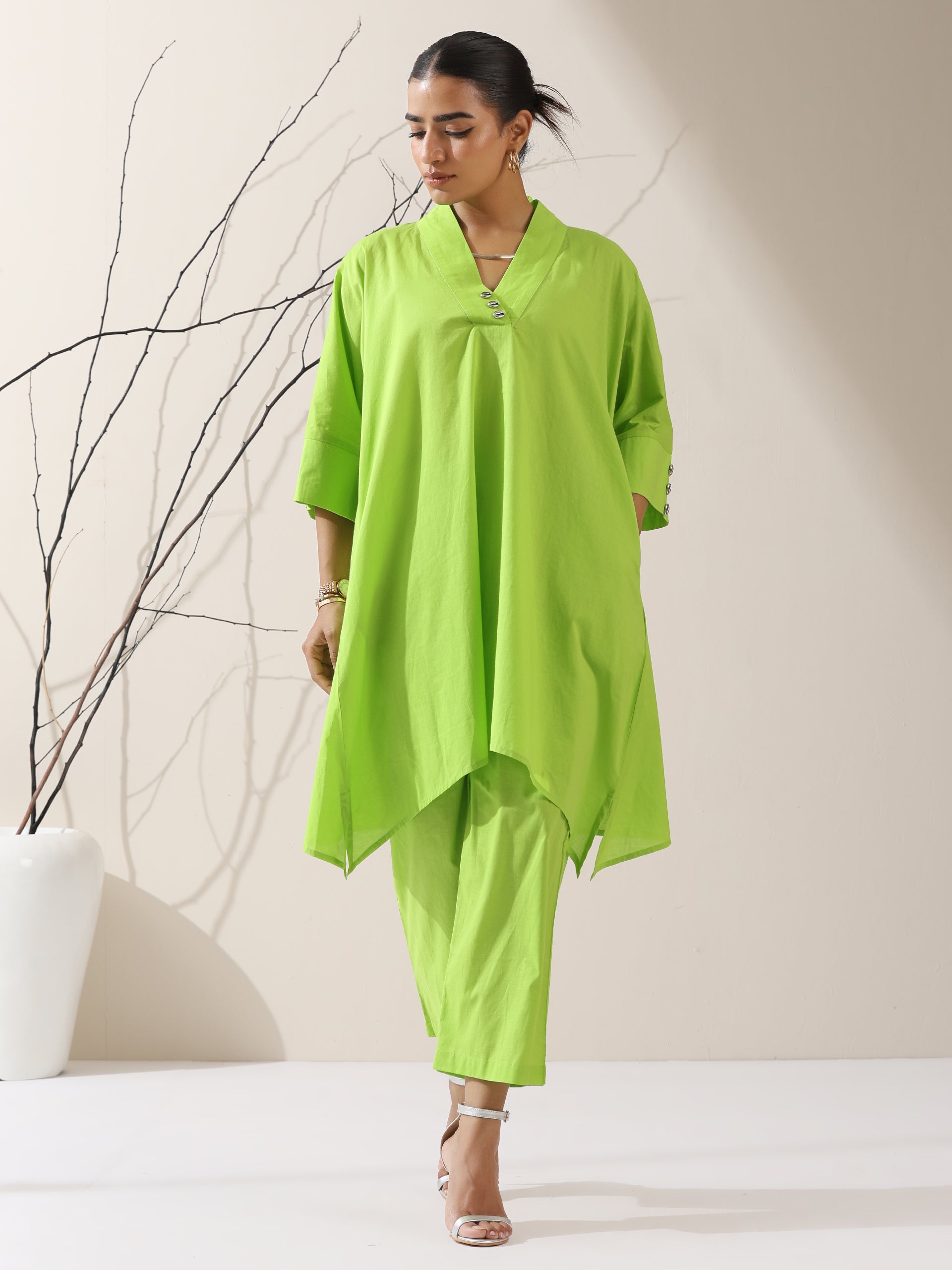 Dhiyona ST 2-Piece Sinful Green Kurta Set for Women – Japanese-Inspired Design with Silver Beads & Matching Pants | Elegant Ethnic Co-ord