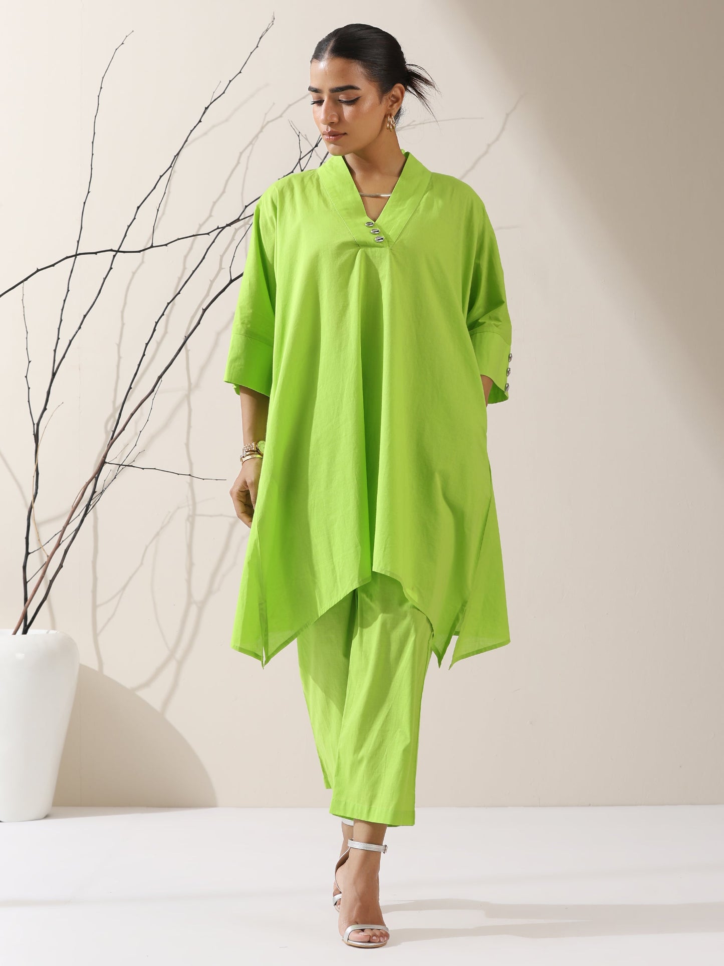 Dhiyona ST 2-Piece Sinful Green Kurta Set for Women – Japanese-Inspired Design with Silver Beads & Matching Pants | Elegant Ethnic Co-ord