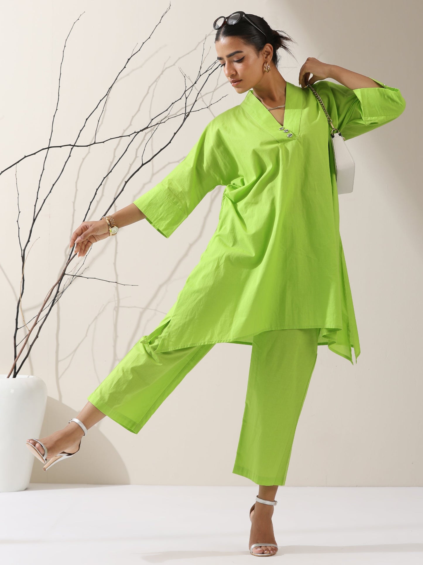 Dhiyona ST 2-Piece Sinful Green Kurta Set for Women – Japanese-Inspired Design with Silver Beads & Matching Pants | Elegant Ethnic Co-ord