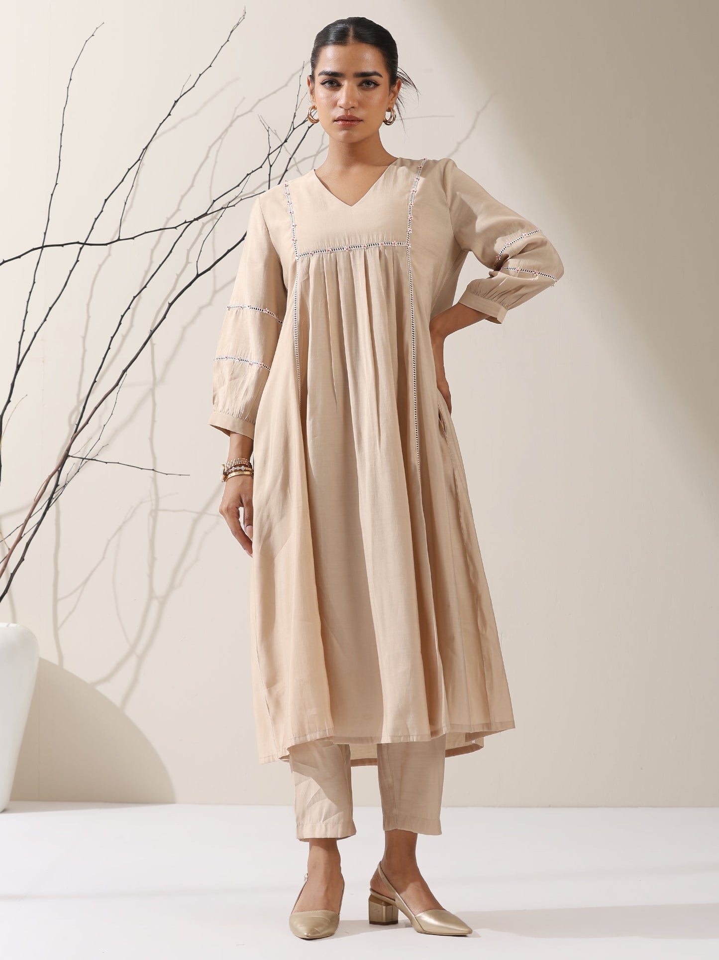 Dhiyona ST Women's Fawn AirSkin Bib Kurta with Lace & Bead Detailing and Pants | 2 Pc Set, Soft Ethnic Co-ord, Elegant Everyday Wear