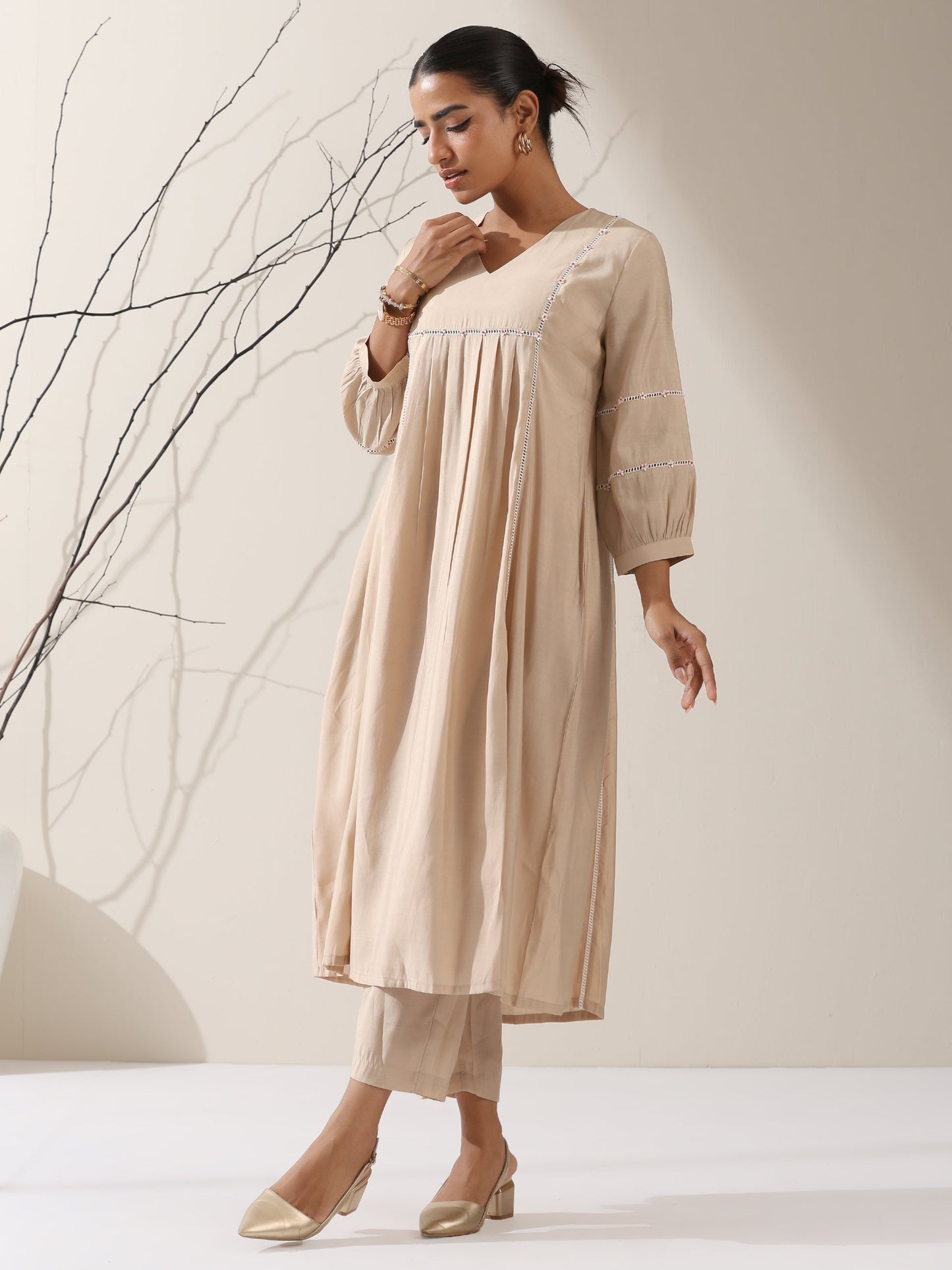 Dhiyona ST Women's Fawn AirSkin Bib Kurta with Lace & Bead Detailing and Pants | 2 Pc Set, Soft Ethnic Co-ord, Elegant Everyday Wear