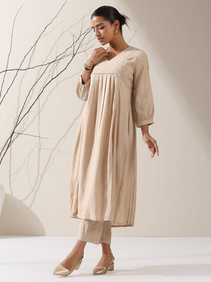 Dhiyona ST Women's Fawn AirSkin Bib Kurta with Lace & Bead Detailing and Pants | 2 Pc Set, Soft Ethnic Co-ord, Elegant Everyday Wear