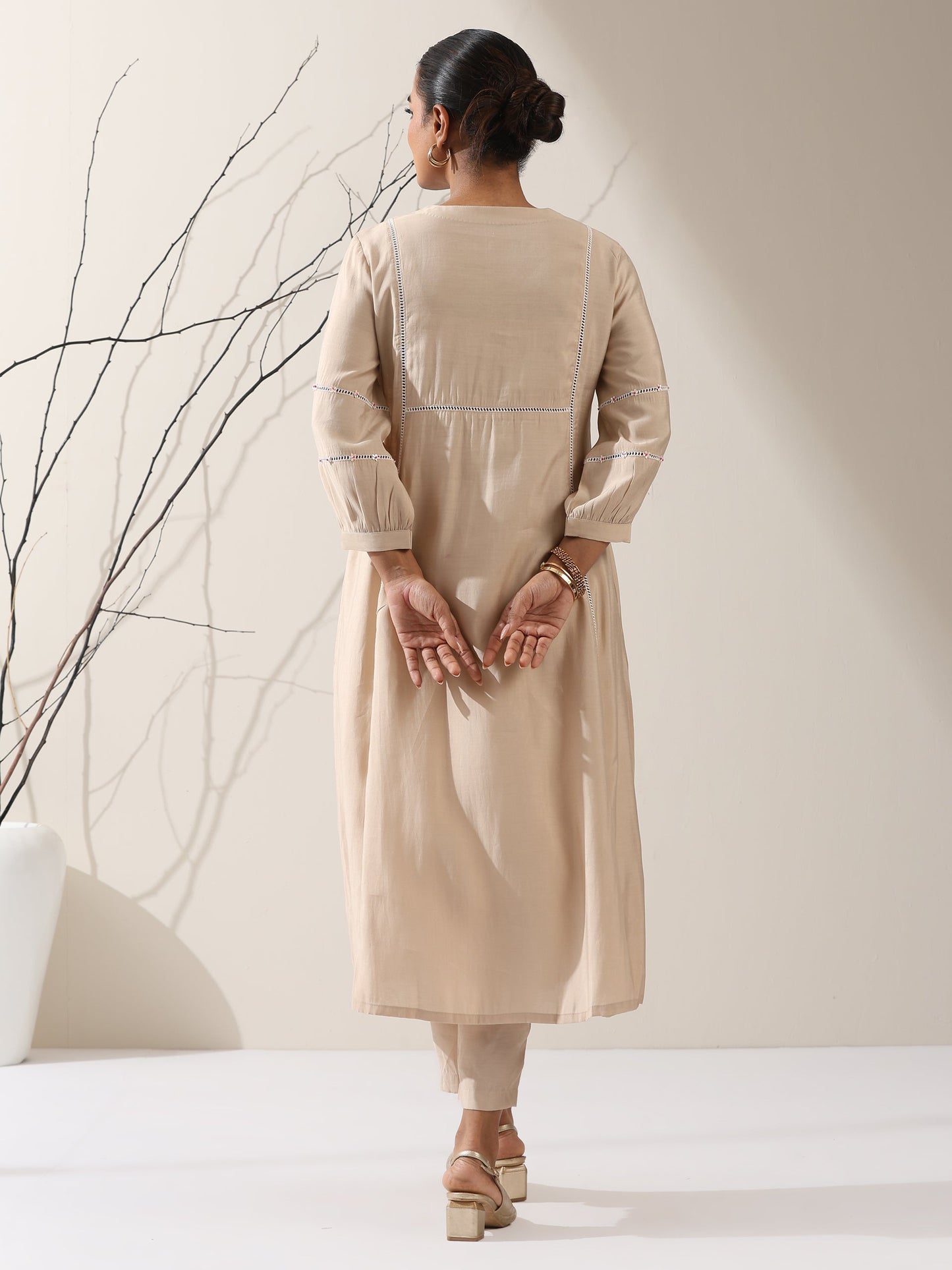 Dhiyona ST Women's Fawn AirSkin Bib Kurta with Lace & Bead Detailing and Pants | 2 Pc Set, Soft Ethnic Co-ord, Elegant Everyday Wear