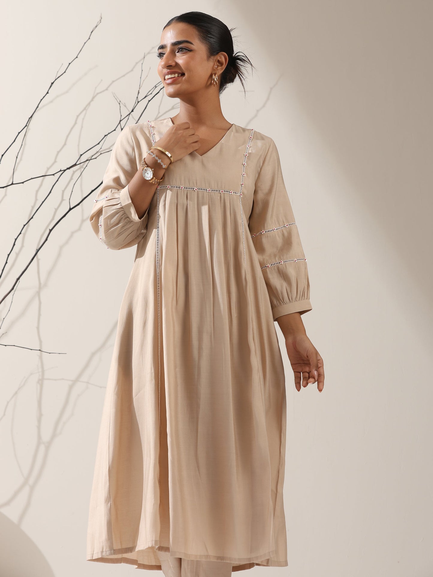 Dhiyona ST Women's Fawn AirSkin Bib Kurta with Lace & Bead Detailing and Pants | 2 Pc Set, Soft Ethnic Co-ord, Elegant Everyday Wear