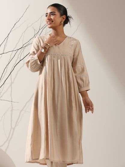 Dhiyona ST Women's Fawn AirSkin Bib Kurta with Lace & Bead Detailing and Pants | 2 Pc Set, Soft Ethnic Co-ord, Elegant Everyday Wear