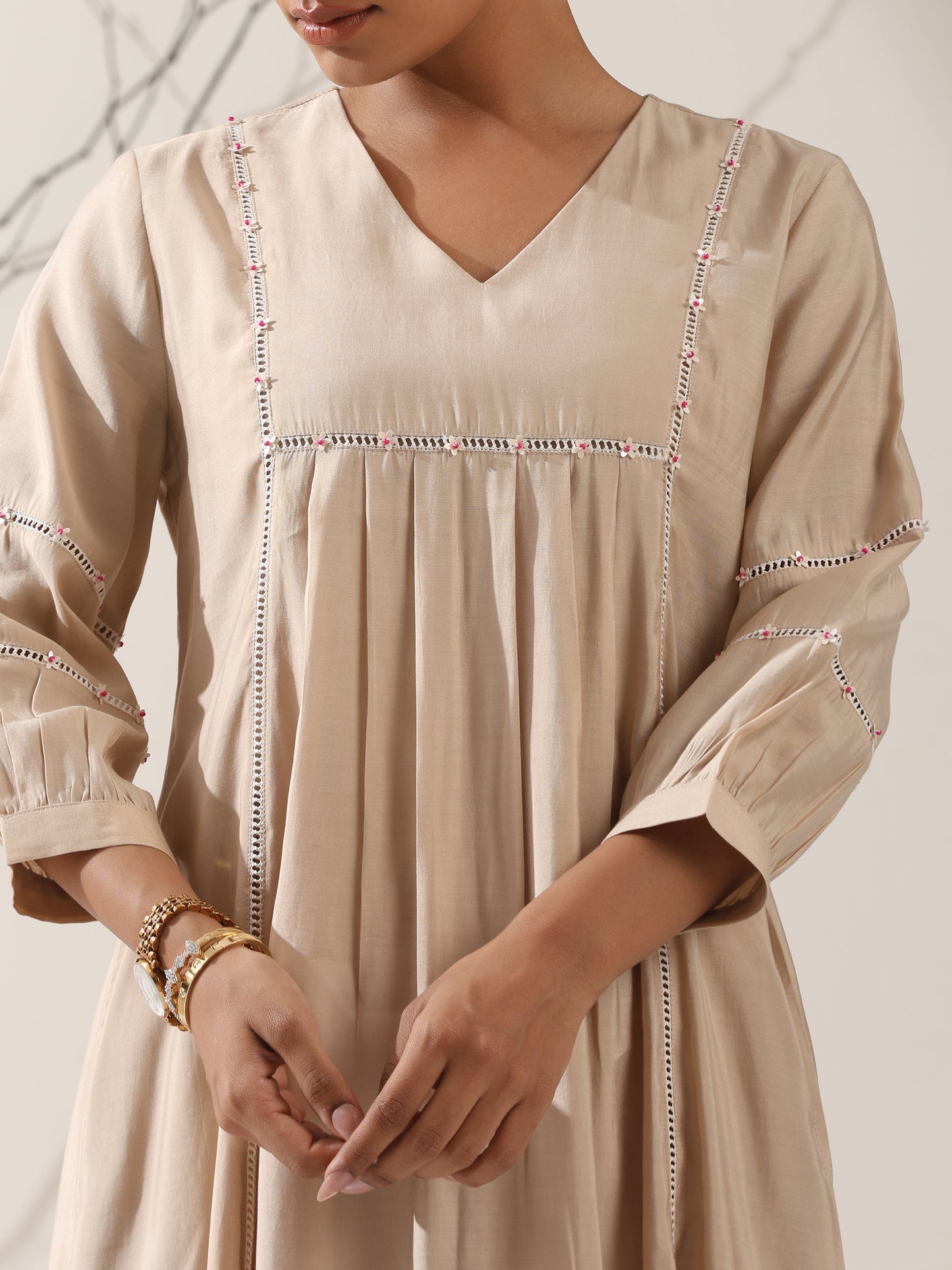 Dhiyona ST Women's Fawn AirSkin Bib Kurta with Lace & Bead Detailing and Pants | 2 Pc Set, Soft Ethnic Co-ord, Elegant Everyday Wear