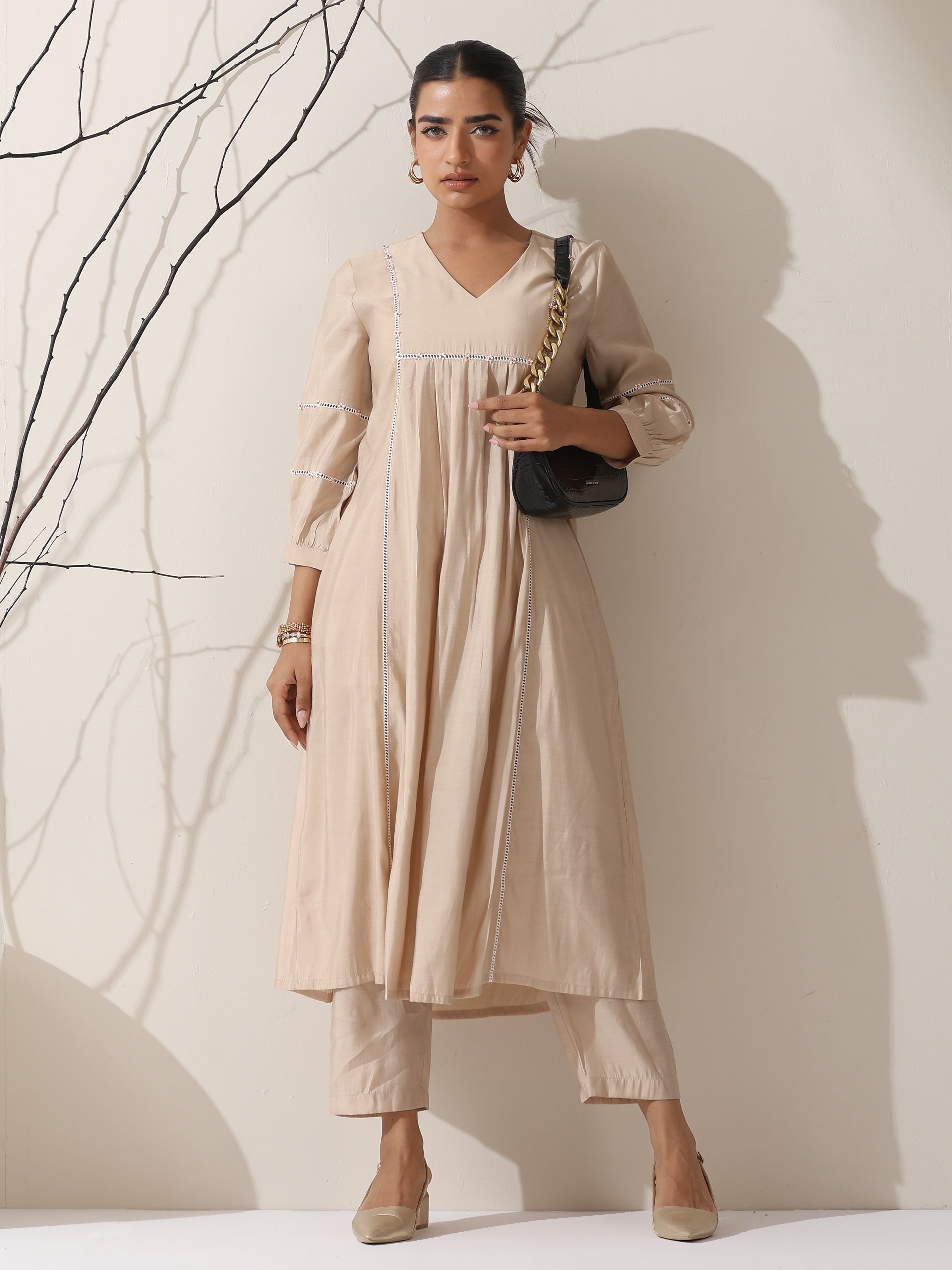 Dhiyona ST Women's Fawn AirSkin Bib Kurta with Lace & Bead Detailing and Pants | 2 Pc Set, Soft Ethnic Co-ord, Elegant Everyday Wear