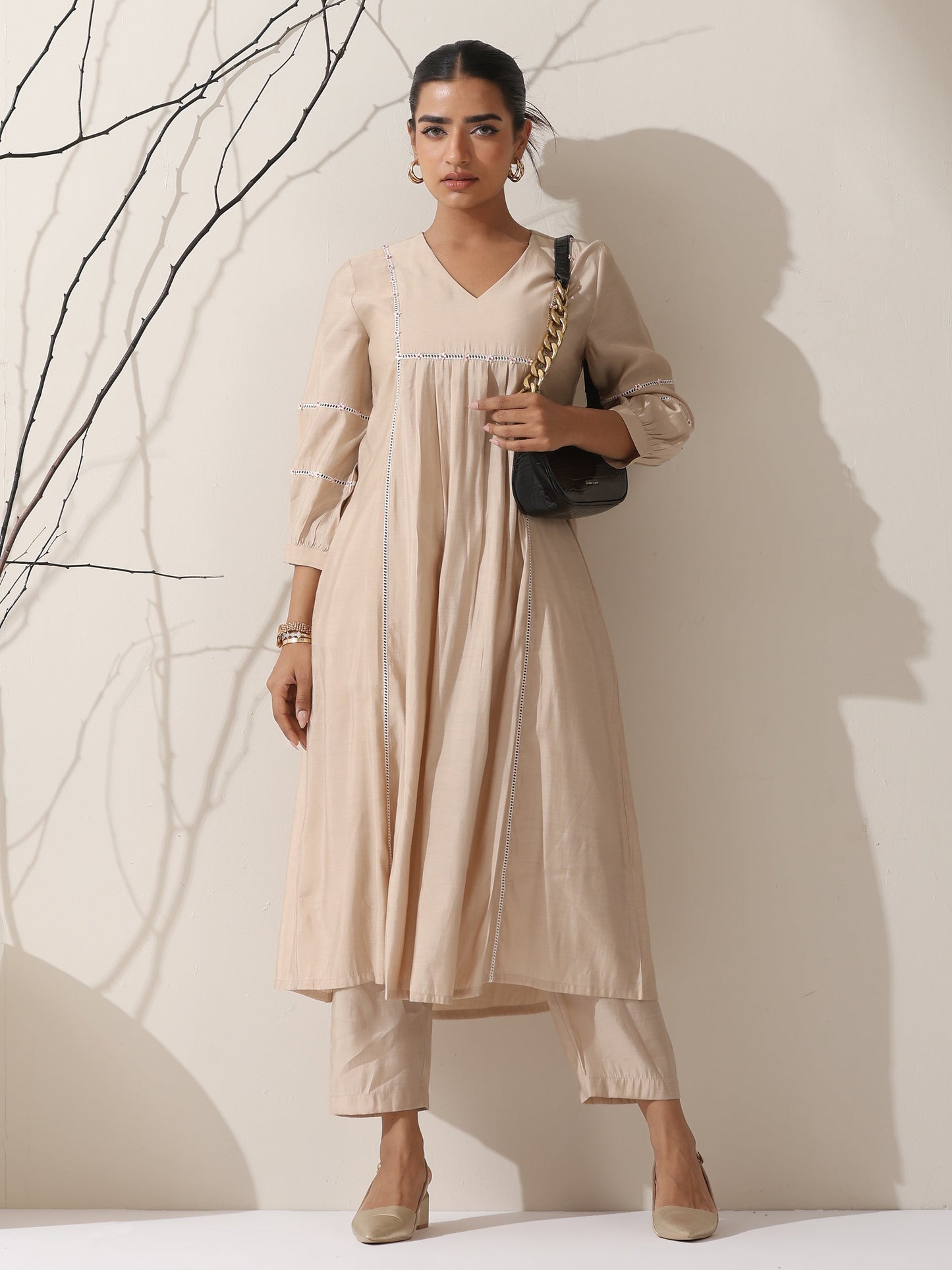 Dhiyona ST Women's Fawn AirSkin Bib Kurta with Lace & Bead Detailing and Pants | 2 Pc Set, Soft Ethnic Co-ord, Elegant Everyday Wear