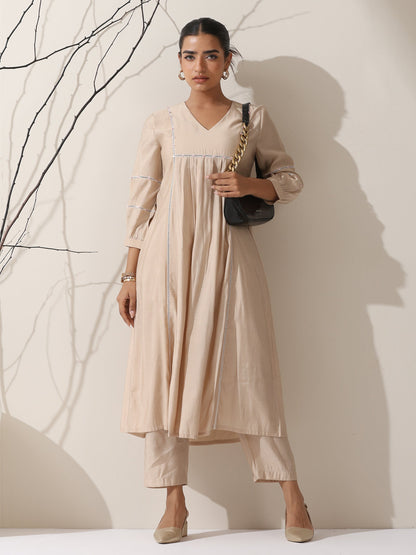 Dhiyona ST Women's Fawn AirSkin Bib Kurta with Lace & Bead Detailing and Pants | 2 Pc Set, Soft Ethnic Co-ord, Elegant Everyday Wear
