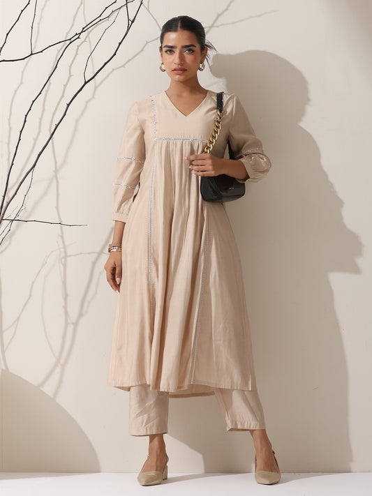 Dhiyona ST Women's Fawn AirSkin Bib Kurta with Lace & Bead Detailing and Pants | 2 Pc Set, Soft Ethnic Co-ord, Elegant Everyday Wear