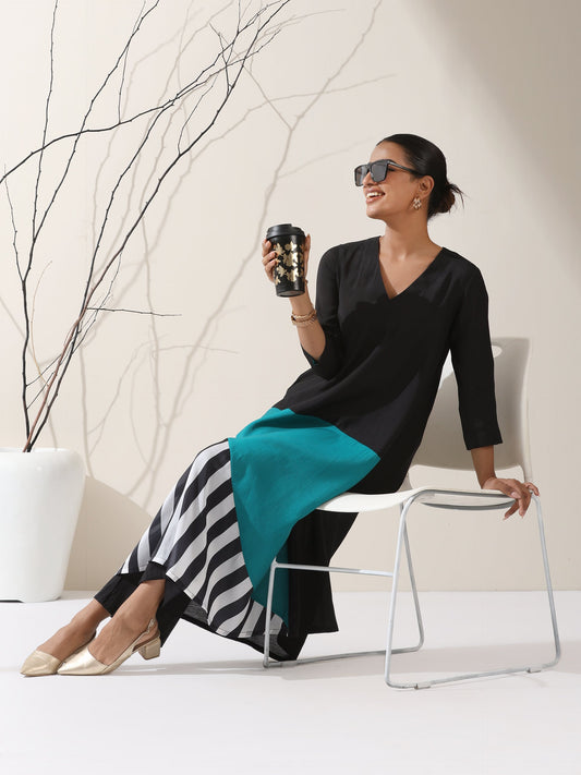 Dhiyona ST Women's Black & Teal Triangle Kurta with Striped Detailing and Pants | 2 Pc Set, Contemporary Ethnic Co-ord