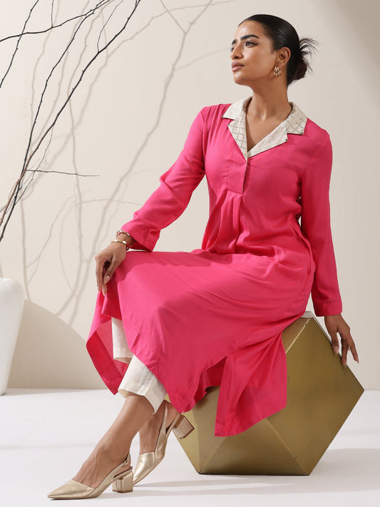 Dhiyona ST Women's Pink Viscose Kurta with Chanderi Moroccan Collar & Pants | 2 Pc Set, Elegant Ethnic Co-ord, Viscose Top & Chanderi Cotton Bottom