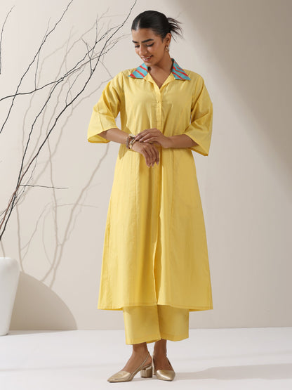 Dhiyona ST Women's Sun Glow Cotton Paneled Kurta with Printed Collar & Pants | 2 Pc Set, Bright Ethnic Co-ord, Easy & Stylish Daywear