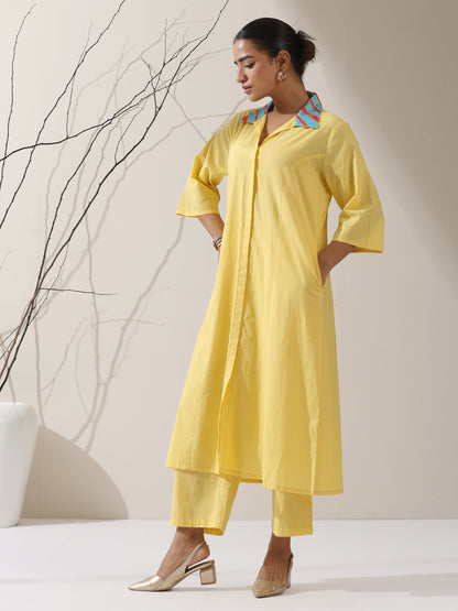 Dhiyona ST Women's Sun Glow Cotton Paneled Kurta with Printed Collar & Pants | 2 Pc Set, Bright Ethnic Co-ord, Easy & Stylish Daywear