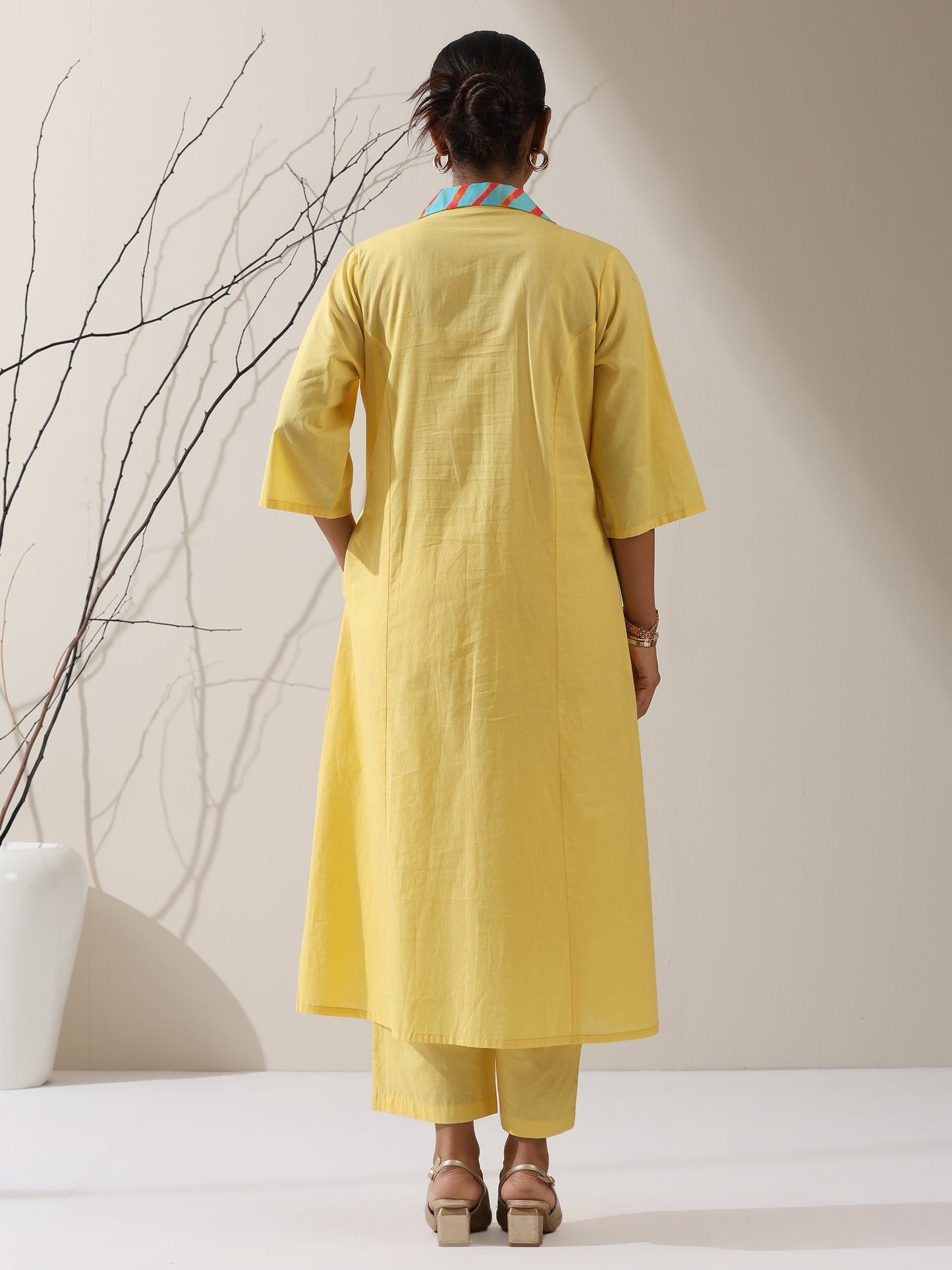 Dhiyona ST Women's Sun Glow Cotton Paneled Kurta with Printed Collar & Pants | 2 Pc Set, Bright Ethnic Co-ord, Easy & Stylish Daywear