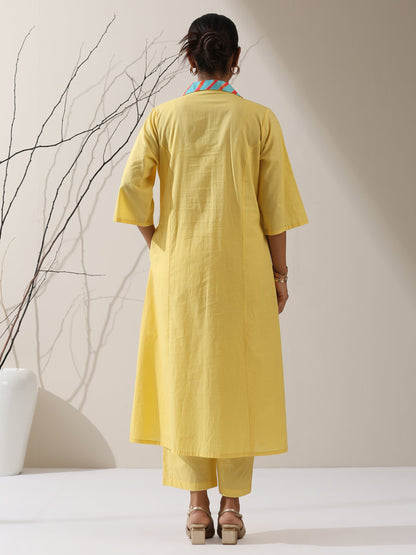 Dhiyona ST Women's Sun Glow Cotton Paneled Kurta with Printed Collar & Pants | 2 Pc Set, Bright Ethnic Co-ord, Easy & Stylish Daywear